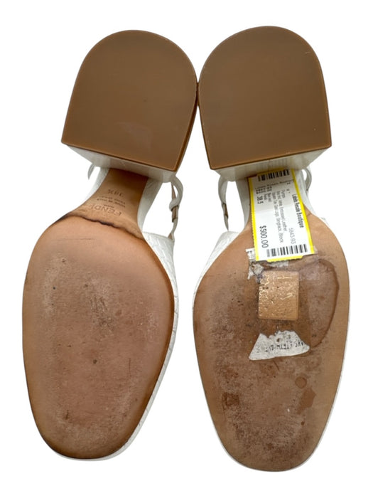 Fendi Shoe Size 38.5 White Embossed Leather Square Toe Gold Logo Slingback Pumps White / 38.5