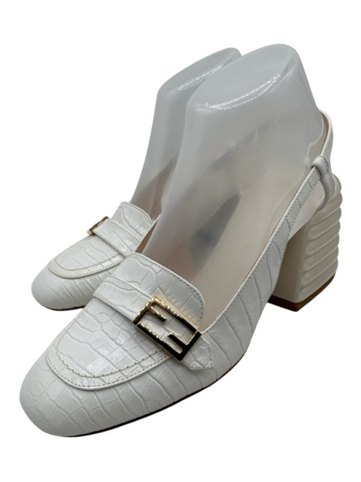 Fendi Shoe Size 38.5 White Embossed Leather Square Toe Gold Logo Slingback Pumps White / 38.5