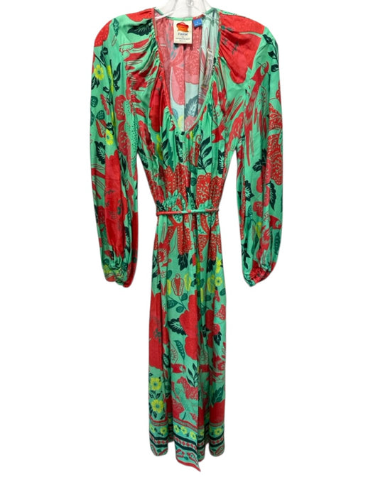 Farm Rio Size M Green, Red & Multi Long Balloon Sleeve Birds & Leaves Dress Green, Red & Multi / M
