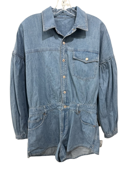 We The Free Size S Light Wash Cotton Denim Long Sleeve Button Front Short Romper Light Wash / S