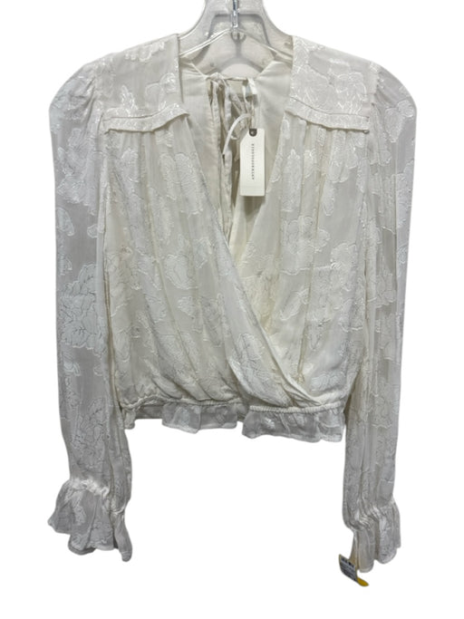 Anthropologie Size S White Polyester Surplice Long Sleeve Floral Tie Back Top White / S