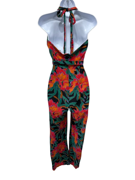 Mango Size M Red, Green & Black Viscose Halter Floral Back Zip Straight Jumpsuit Red, Green & Black / M