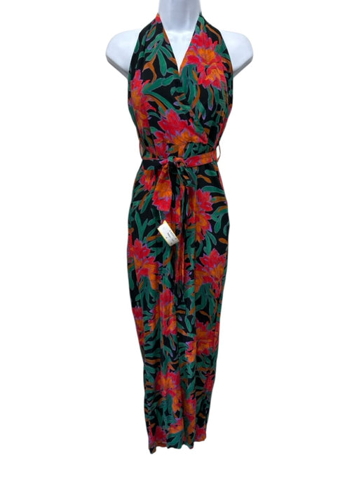 Mango Size M Red, Green & Black Viscose Halter Floral Back Zip Straight Jumpsuit Red, Green & Black / M