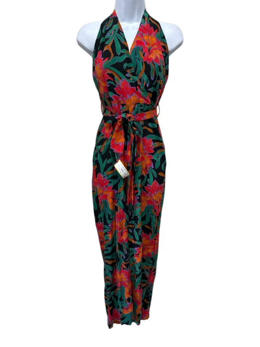 Mango Size M Red, Green & Black Viscose Halter Floral Back Zip Straight Jumpsuit Red, Green & Black / M