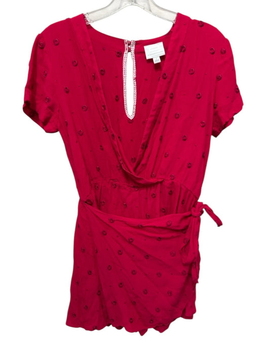 Anthropologie Size S Red Viscose Short Sleeve Circle Embroidery Surplice Romper Red / S