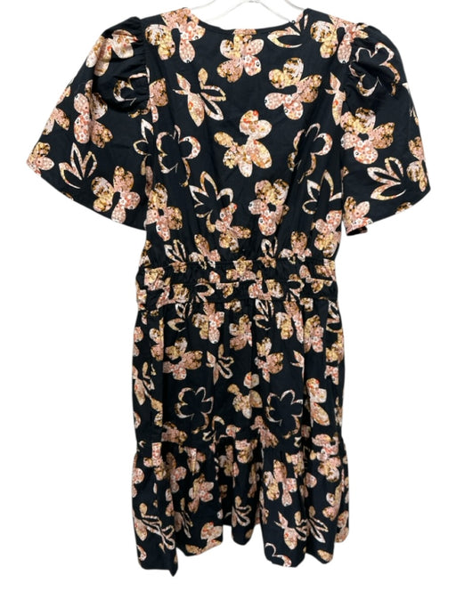 Anthropologie Size S Black, Tan & Pink Cotton Short Sleeve Floral V Neck Dress Black, Tan & Pink / S