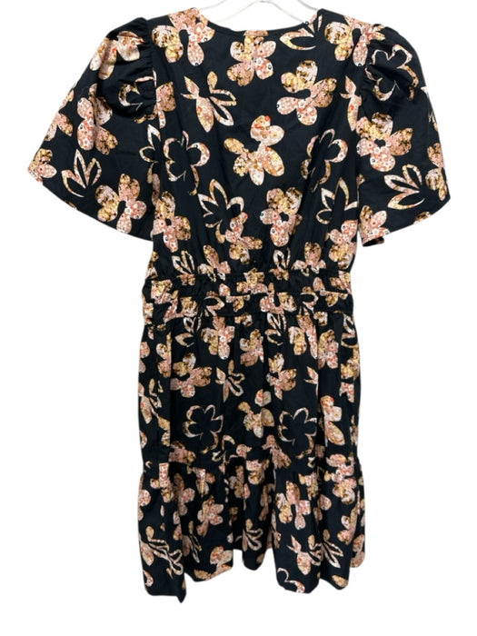 Anthropologie Size S Black, Tan & Pink Cotton Short Sleeve Floral V Neck Dress Black, Tan & Pink / S