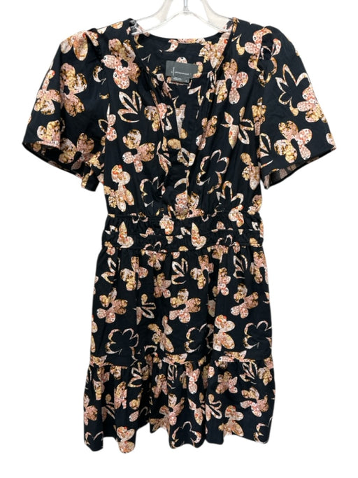 Anthropologie Size S Black, Tan & Pink Cotton Short Sleeve Floral V Neck Dress Black, Tan & Pink / S