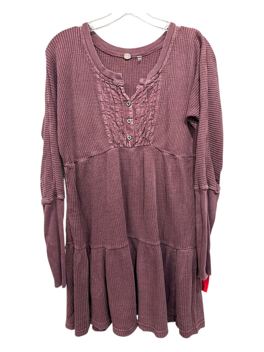 Free People Size M Burgundy Cotton Waffle Long Sleeve 1/4 Button Tiered Dress Burgundy / M