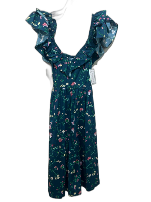 Hill House Size M Dark Green, Pink & Multi Cotton Ruffle Cap Sleeve Floral Dress Dark Green, Pink & Multi / M