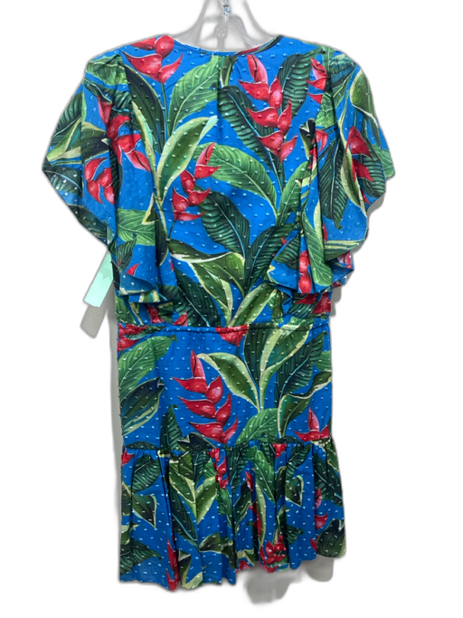 Farm Rio Size M Blue, Green & Multi Cotton Ruffle Cap Sleeve Floral V Neck Dress Blue, Green & Multi / M