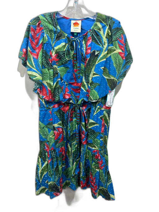 Farm Rio Size M Blue, Green & Multi Cotton Ruffle Cap Sleeve Floral V Neck Dress Blue, Green & Multi / M