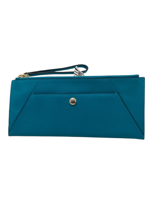 Henri Bendel Teal Green Grain Leather Zip Close Gold Hardware Clutch Teal Green