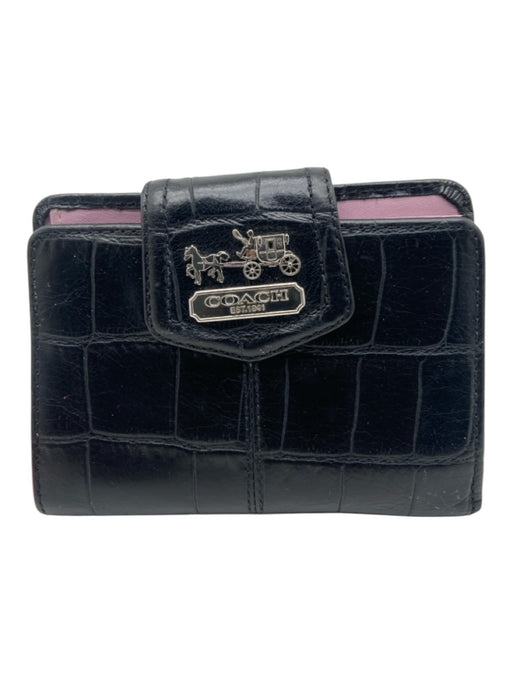 Coach Black & Lavender Leather Croc Detail Silver Hardware Snap Closure Wallets Black & Lavender