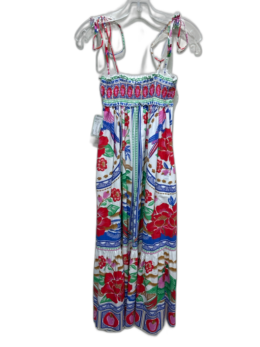 Farm Rio Size M White, Blue, Red Cotton Shirred Floral Parrots Maxi Dress White, Blue, Red / M