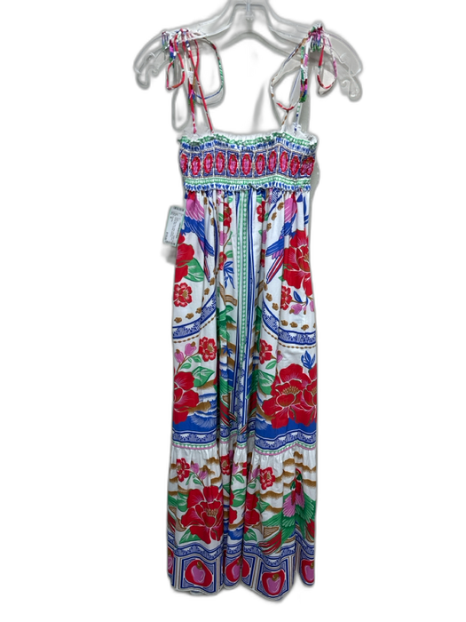 Farm Rio Size M White, Blue, Red Cotton Shirred Floral Parrots Maxi Dress White, Blue, Red / M