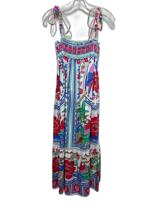 Farm Rio Size M White, Blue, Red Cotton Shirred Floral Parrots Maxi Dress White, Blue, Red / M