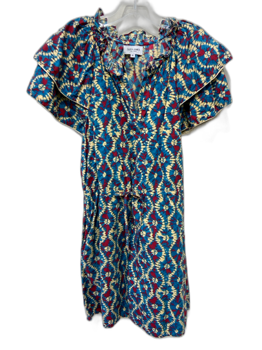 Olivia James Size M Blue, Red, Yellow Cotton Abstract Drawstring Waist Dress Blue, Red, Yellow / M