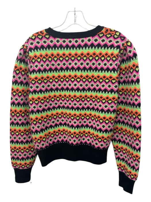 Brodie Size Large Black, Lime & Multi Cashmere Rib Knit Abstract Pattern Sweater Black, Lime & Multi / Large