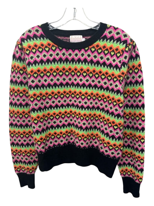 Brodie Size Large Black, Lime & Multi Cashmere Rib Knit Abstract Pattern Sweater Black, Lime & Multi / Large