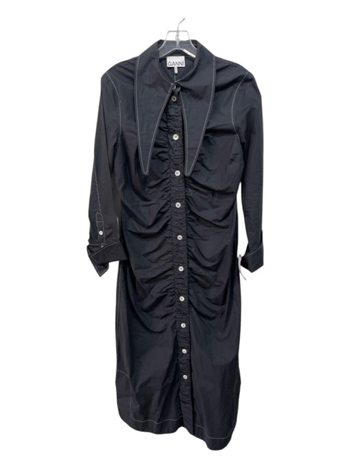 Ganni Size 40 Dark Gray & White Cotton Long Sleeve Contrast Stiching Dress Dark Gray & White / 40