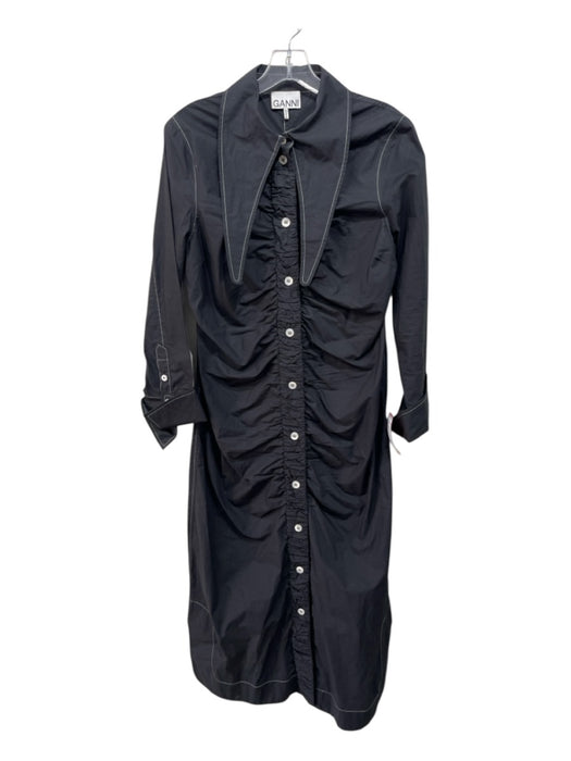 Ganni Size 40 Dark Gray & White Cotton Long Sleeve Contrast Stiching Dress Dark Gray & White / 40