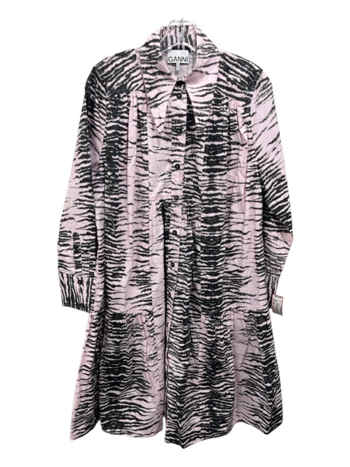 Ganni Size 34 Light Pink & Black Cotton Long Sleeve Zebra Print Paneled Dress Light Pink & Black / 34