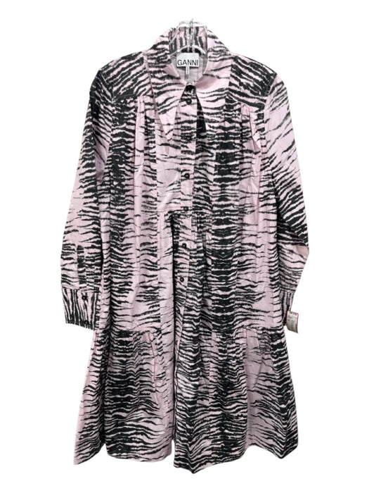 Ganni Size 34 Light Pink & Black Cotton Long Sleeve Zebra Print Paneled Dress Light Pink & Black / 34