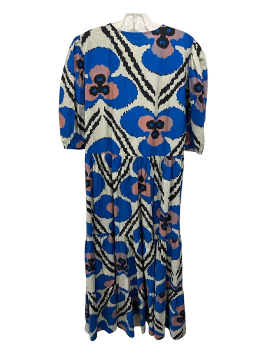 Oliphant Size M Royal Blue, Gray & Multi Cotton 1/2 Balloon Sleeve V Neck Dress Royal Blue, Gray & Multi / M