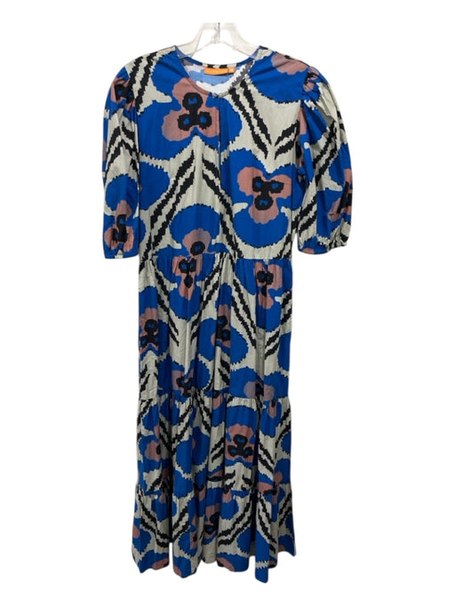 Oliphant Size M Royal Blue, Gray & Multi Cotton 1/2 Balloon Sleeve V Neck Dress Royal Blue, Gray & Multi / M