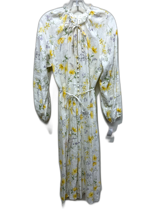 Kivari Size 8 White, Yellow & Green Linen Floral Button Front V Neck Dress White, Yellow & Green / 8