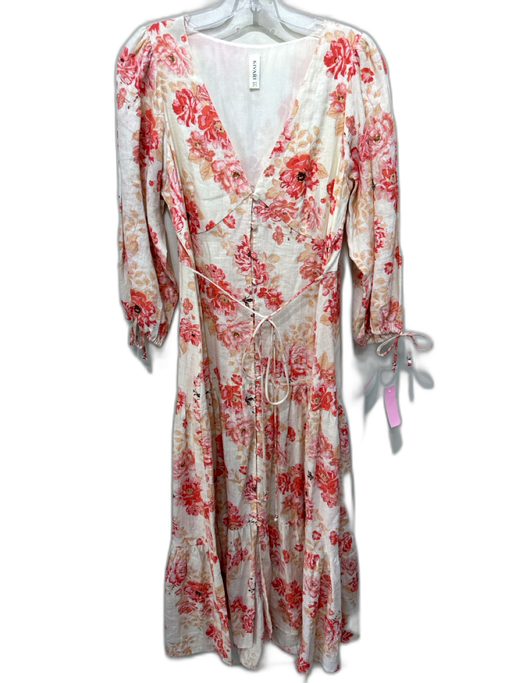 Kivari Size 8 Cream, Pink & Orange Print Linen Floral Button Front Dress Cream, Pink & Orange Print / 8