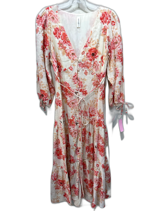 Kivari Size 8 Cream, Pink & Orange Print Linen Floral Button Front Dress Cream, Pink & Orange Print / 8