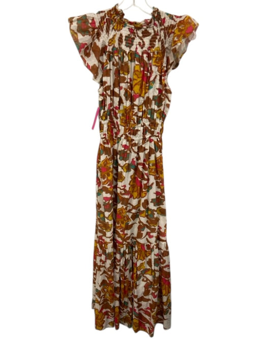 Cleobella Size XS Brown, White, Yellow Cotton Blend shirred detail Midi Dress Brown, White, Yellow / XS