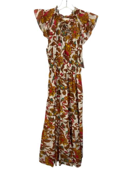 Cleobella Size XS Brown, White, Yellow Cotton Blend shirred detail Midi Dress Brown, White, Yellow / XS
