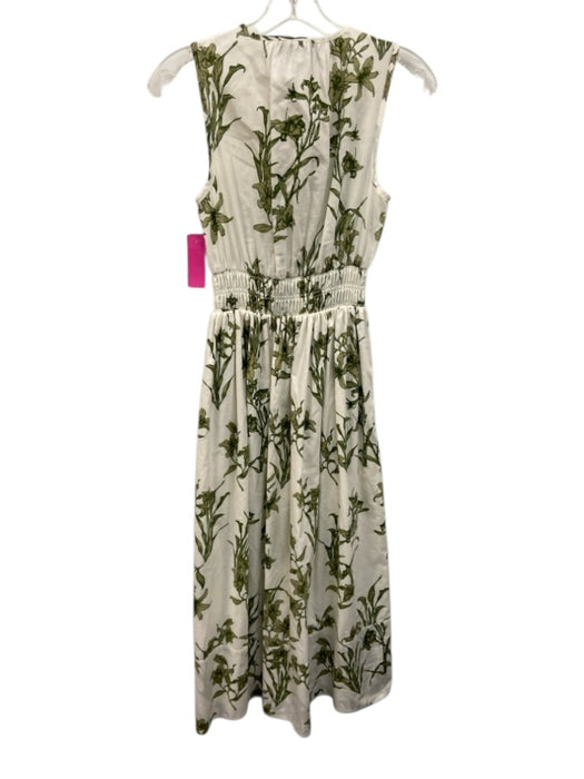 Hunter Bell Size XS White & Green Cotton Elastic Waist Floral Tie Neck Dress White & Green / XS