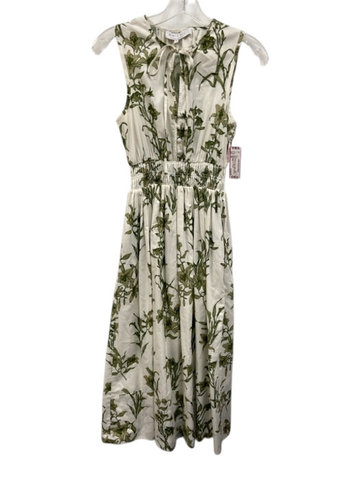 Hunter Bell Size XS White & Green Cotton Elastic Waist Floral Tie Neck Dress White & Green / XS
