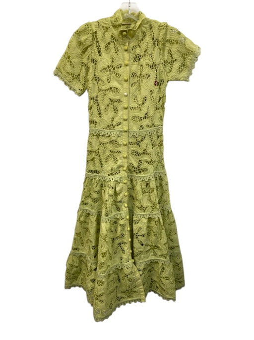 Alexis Size XXS Yellow Green Polyester Crochet Lace Button Down Mock Neck Dress Yellow Green / XXS