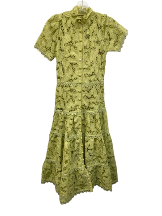 Alexis Size XXS Yellow Green Polyester Crochet Lace Button Down Mock Neck Dress Yellow Green / XXS
