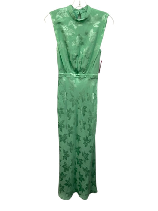 Saloni Size 2 Mint Green Silk Jacquard Leaves Mock Neck Maxi Dress Mint Green / 2