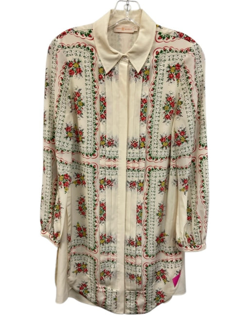 Tory Burch Size 00 Cream, Green, Red Silk Pleated Floral Button Down Shirt Dress Cream, Green, Red / 00