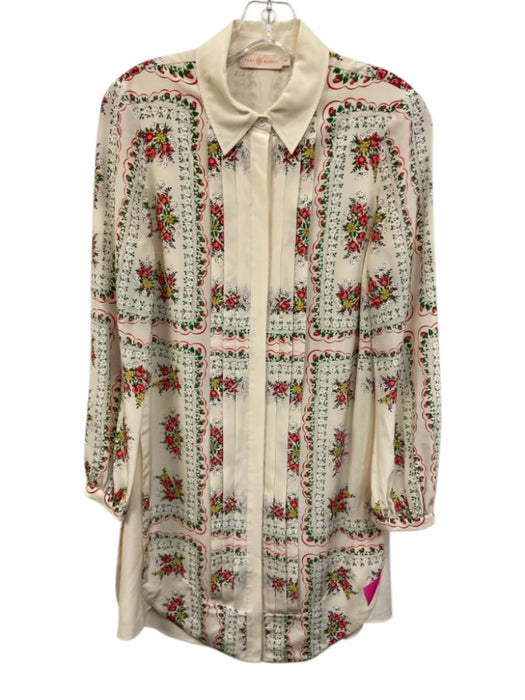Tory Burch Size 00 Cream, Green, Red Silk Pleated Floral Button Down Shirt Dress Cream, Green, Red / 00