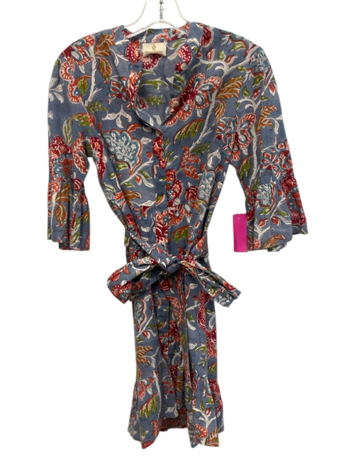 Perry Walker Size 1 Blue, Red, Green Block Printed Floral Fluted Sleeve Dress Blue, Red, Green / 1