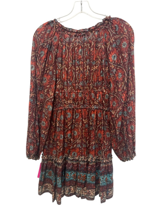 Ulla Johnson Size 2 Red & Teal Cotton Blend Abstract Floral Tie Neck Dress Red & Teal / 2