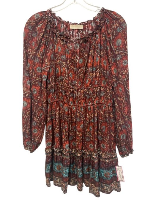Ulla Johnson Size 2 Red & Teal Cotton Blend Abstract Floral Tie Neck Dress Red & Teal / 2