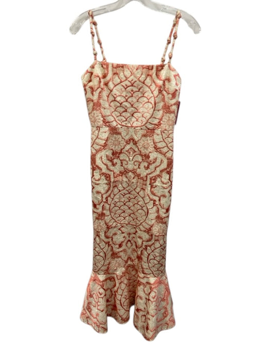 Alexis Size XS Cream & Red Cotton Metallic Thread Embroidered Fluted Hem Dress Cream & Red / XS