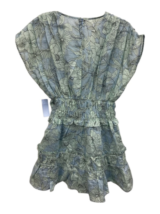 Alexis Size XS Blue & Green Flax Blend Cap Sleeve Floral Pleated Shirred Dress Blue & Green / XS