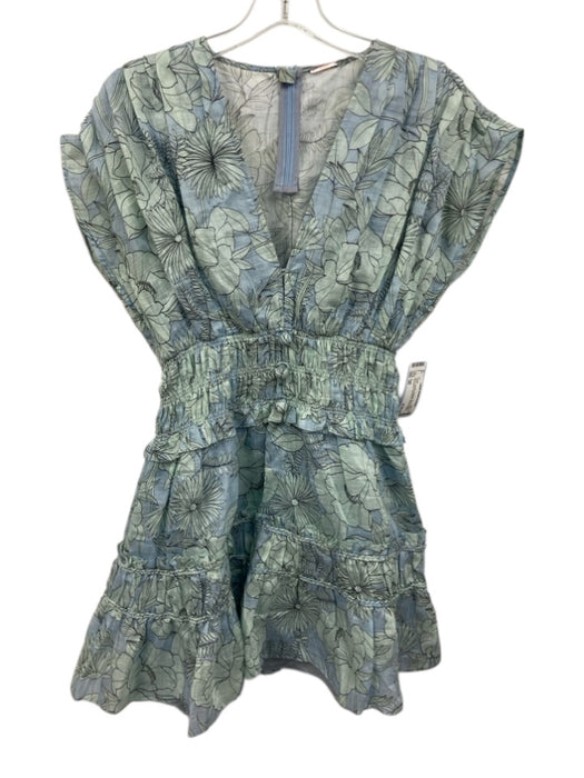 Alexis Size XS Blue & Green Flax Blend Cap Sleeve Floral Pleated Shirred Dress Blue & Green / XS
