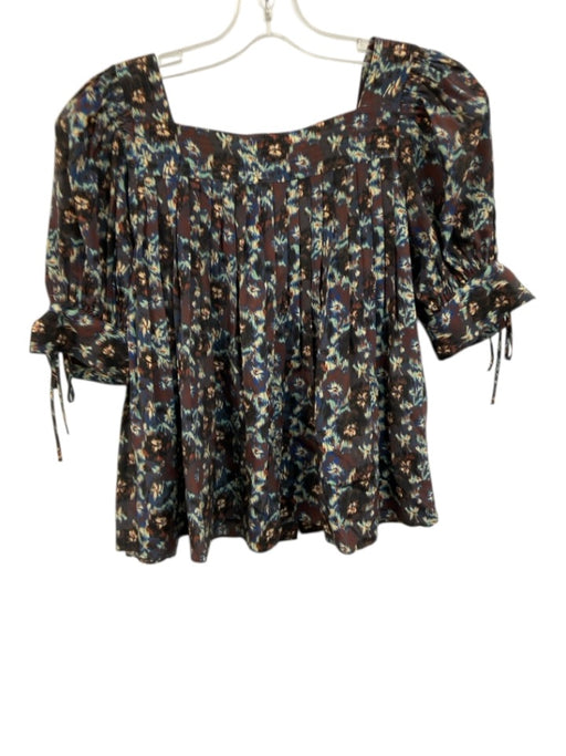 Ulla Johnson Size 0 Blue, Brown, Cream Silk Short Puff Sleeve Pleated Top Blue, Brown, Cream / 0