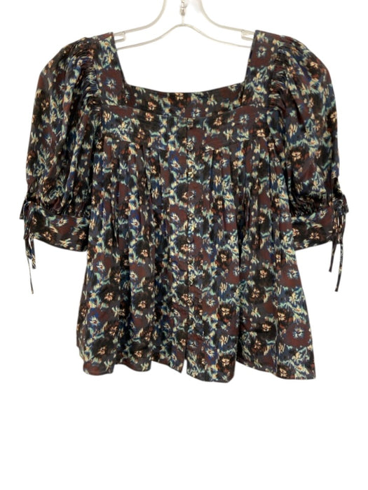 Ulla Johnson Size 0 Blue, Brown, Cream Silk Short Puff Sleeve Pleated Top Blue, Brown, Cream / 0